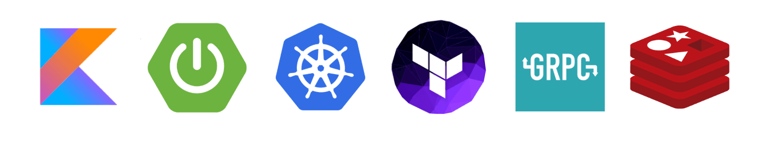 타다에서 사용하는 기술들의 로고. 왼쪽부터 Kotlin, Spring Boot, Kubernetes, Terraform, gRPC, Redis.